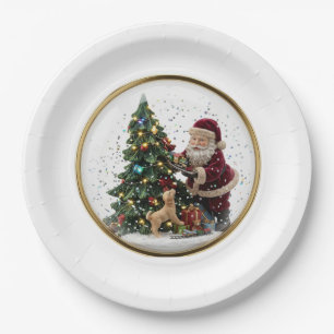 Weihnachtsmann und niedlicher Welpe Weihnachtsbau Pappteller