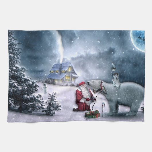 Weihnachtsmann und Polar-Bär Geschirrtuch (Horizontal)
