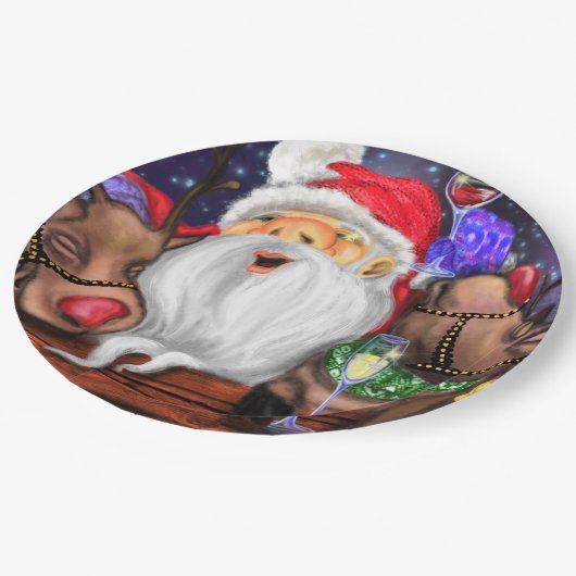 Weihnachtsmann und Reindeers Funny Christmas Paper Pappteller (Schrägansicht)