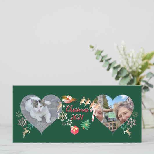 Weihnachtsmann und Rentier 2 Fotos Gruß (Stehend Vorderseite)