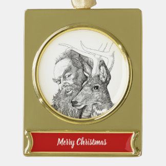 Weihnachtsmann und Rentier Banner-Ornament Gold