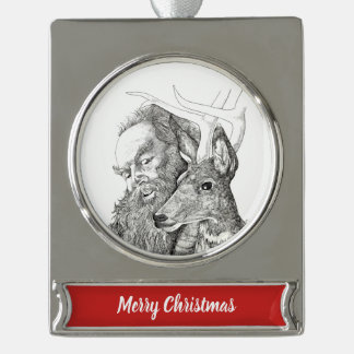Weihnachtsmann und Rentier Banner-Ornament Silber