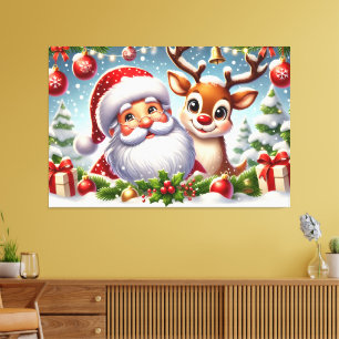 Weihnachtsmann und Rentier im SnowyChristmas Leinwanddruck
