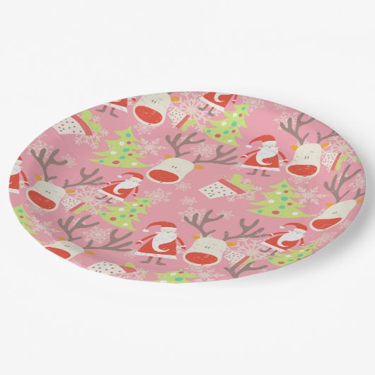 Weihnachtsmann und Rentier mit Weihnachtsbaum Pappteller (Schrägansicht)