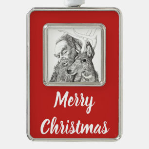 Weihnachtsmann und Rentier Rahmen-Ornament Silber