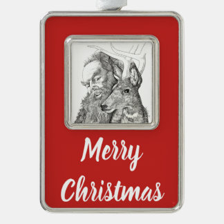 Weihnachtsmann und Rentier Rahmen-Ornament Silber