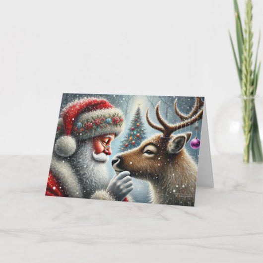 Weihnachtsmann und Rentier, Schneewald, Weihnachts Feiertagskarte (Vorderseite)