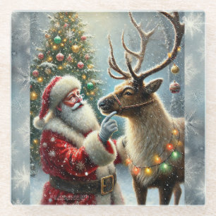 Weihnachtsmann und Rentier, Schneewald, Weihnachts Glasuntersetzer