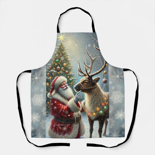 Weihnachtsmann und Rentier, Schneewald, Weihnachts Schürze (Vorderseite)