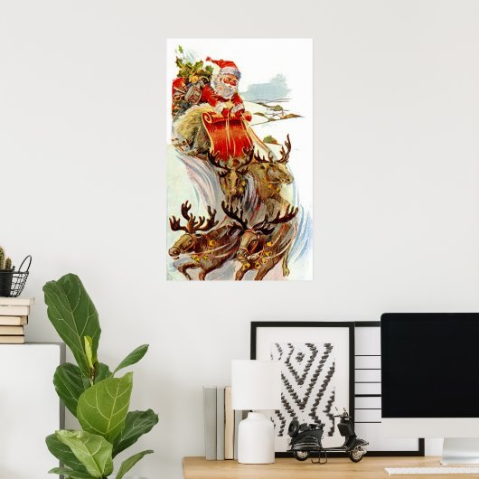 Weihnachtsmann und Rentier Sleigh Poster (Heimbüro)