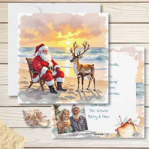 Weihnachtsmann und Rentiere am Strand Persönliches Feiertagskarte