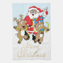 Weihnachtsmann und Rentiere frohe Weihnachten Geschirrtuch