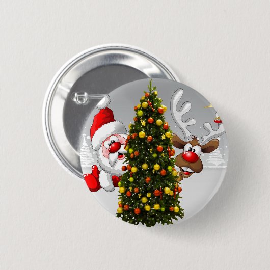 Weihnachtsmann und Rentiere hinter einem Weihnacht Button (Vorne & Hinten)