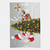 Weihnachtsmann und Rentiere hinter einem Weihnacht Geschirrtuch (Vertikal)