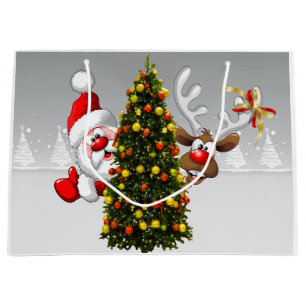 Weihnachtsmann und Rentiere hinter einem Weihnacht Große Geschenktüte