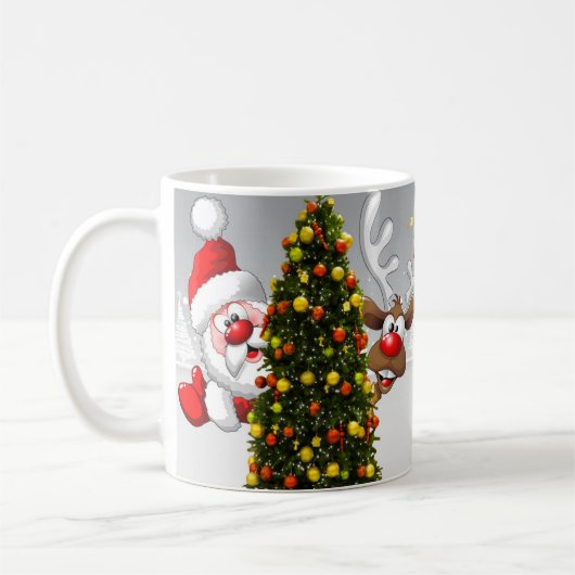Weihnachtsmann und Rentiere hinter einem Weihnacht Kaffeetasse (Links)