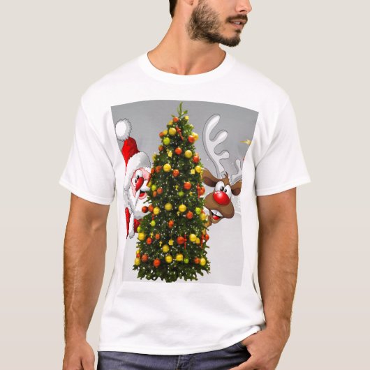 Weihnachtsmann und Rentiere hinter einem Weihnacht T-Shirt (Vorderseite)