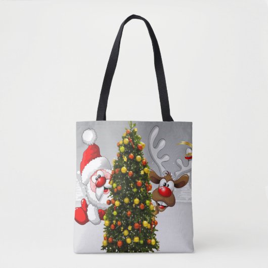 Weihnachtsmann und Rentiere hinter einem Weihnacht Tasche (Vorderseite)