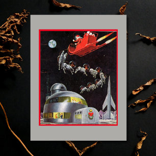 Weihnachtsmann und Rentiere im Weltraum im Vintage Feiertagspostkarte