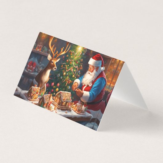 Weihnachtsmann und Rentiere machen Lebkuchenhaus (Vorderseite)