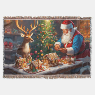 Weihnachtsmann und Rentiere machen Lebkuchenhaus Decke