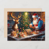 Weihnachtsmann und Rentiere machen Lebkuchenhaus Einladung (Vorne/Hinten)