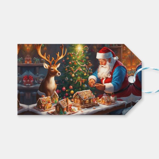 Weihnachtsmann und Rentiere machen Lebkuchenhaus Geschenkanhänger (Vorderseite (Horizontal))