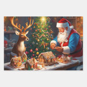 Weihnachtsmann und Rentiere machen Lebkuchenhaus Geschenkpapier Set (Vorderseite 3)