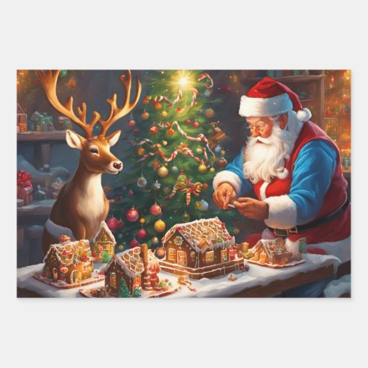 Weihnachtsmann und Rentiere machen Lebkuchenhaus Geschenkpapier Set (Vorderseite 3)