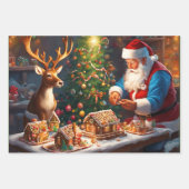 Weihnachtsmann und Rentiere machen Lebkuchenhaus Geschenkpapier Set (Vorderseite)