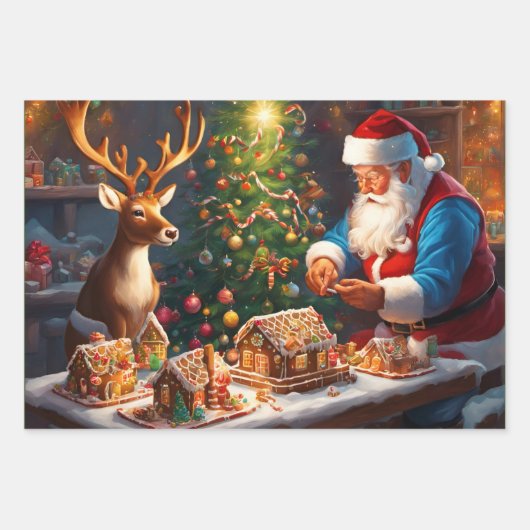 Weihnachtsmann und Rentiere machen Lebkuchenhaus Geschenkpapier Set (Vorderseite)