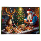 Weihnachtsmann und Rentiere machen Lebkuchenhaus Große Geschenktüte (Rückseite)