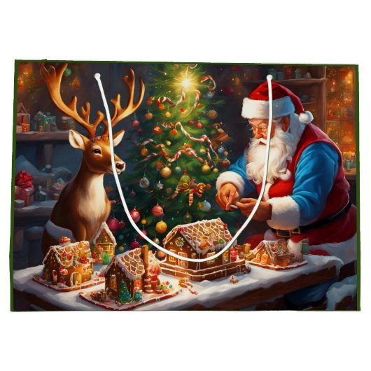 Weihnachtsmann und Rentiere machen Lebkuchenhaus Große Geschenktüte (Rückseite)