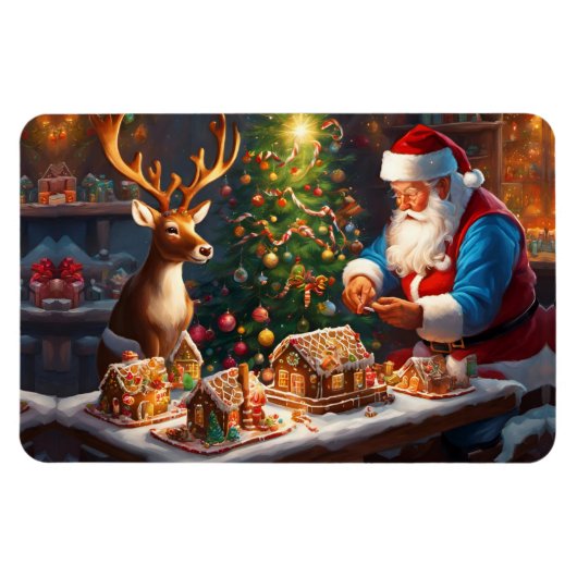 Weihnachtsmann und Rentiere machen Lebkuchenhaus Magnet (Horizontal)