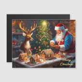 Weihnachtsmann und Rentiere machen Lebkuchenhaus Magnetkarte (Vorne/Hinten)