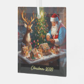 Weihnachtsmann und Rentiere machen Lebkuchenhaus Ornament Aus Glas (Vorderseite links)