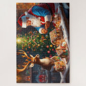 Weihnachtsmann und Rentiere machen Lebkuchenhaus Puzzle (Vertikal)