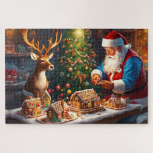 Weihnachtsmann und Rentiere machen Lebkuchenhaus Puzzle