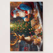 Weihnachtsmann und Rentiere machen Lebkuchenhaus Puzzle (Vertikal)