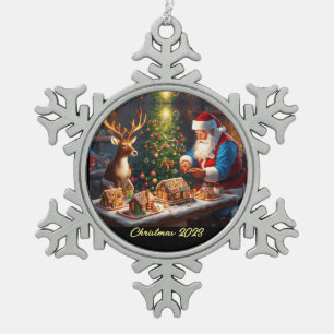 Weihnachtsmann und Rentiere machen Lebkuchenhaus Schneeflocken Zinn-Ornament
