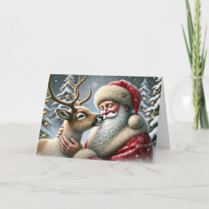Weihnachtsmann und Rentiere, schneebedeckter Wald, Feiertagskarte
