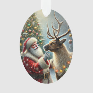 Weihnachtsmann und Rentiere, schneebedeckter Wald, Ornament