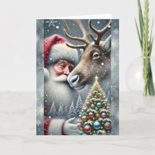 Weihnachtsmann und Rentiere, Schneewald, Weihnacht Feiertagskarte