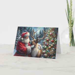 Weihnachtsmann und Rentiere, Schneewald, Weihnacht Feiertagskarte