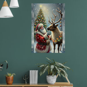 Weihnachtsmann und Rentiere, Schneewald, Weihnacht Poster