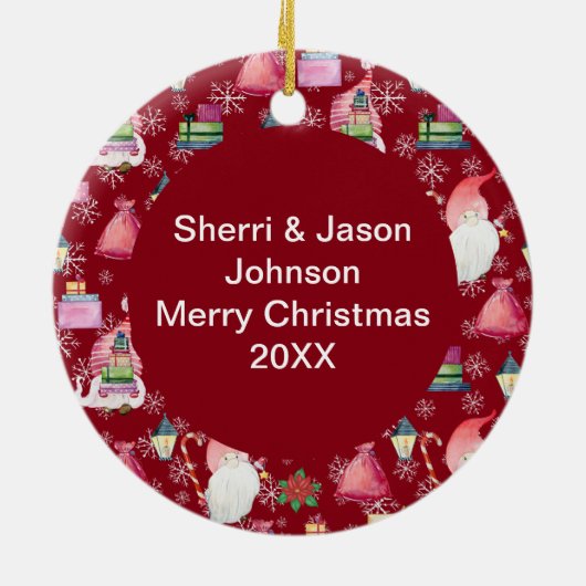 Weihnachtsmann und Rotes Muster Name & Datum Keramik Ornament (Hinten)