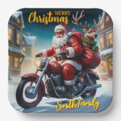 Weihnachtsmann und Rudolph Rentier Motorrad Pappteller (Vorderseite)