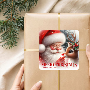 Weihnachtsmann und Rudolph Weihnachtssticker perso Quadratischer Aufkleber