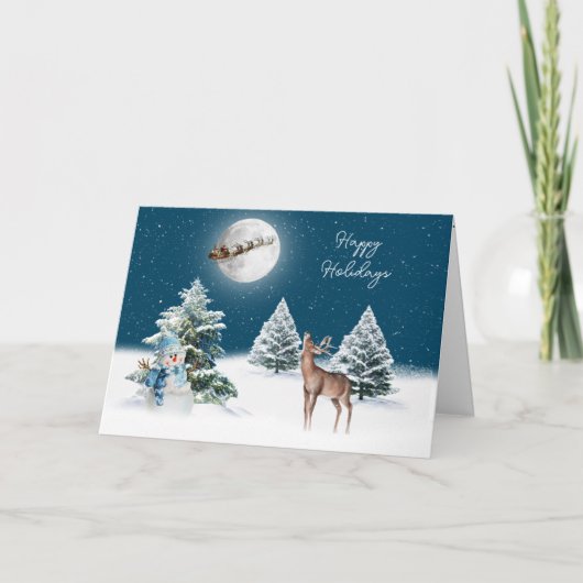 Weihnachtsmann und Schlitten Hirsch im Mondlicht Karte (Vorderseite)