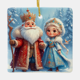 Weihnachtsmann und Schneemädchen feiern Weihnachte Keramikornament